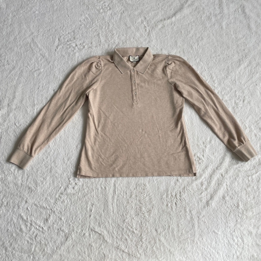 Tuckernuck Womens Tan Beige Puff Shoulder Long Sleeve Polo Shirt Size Medium